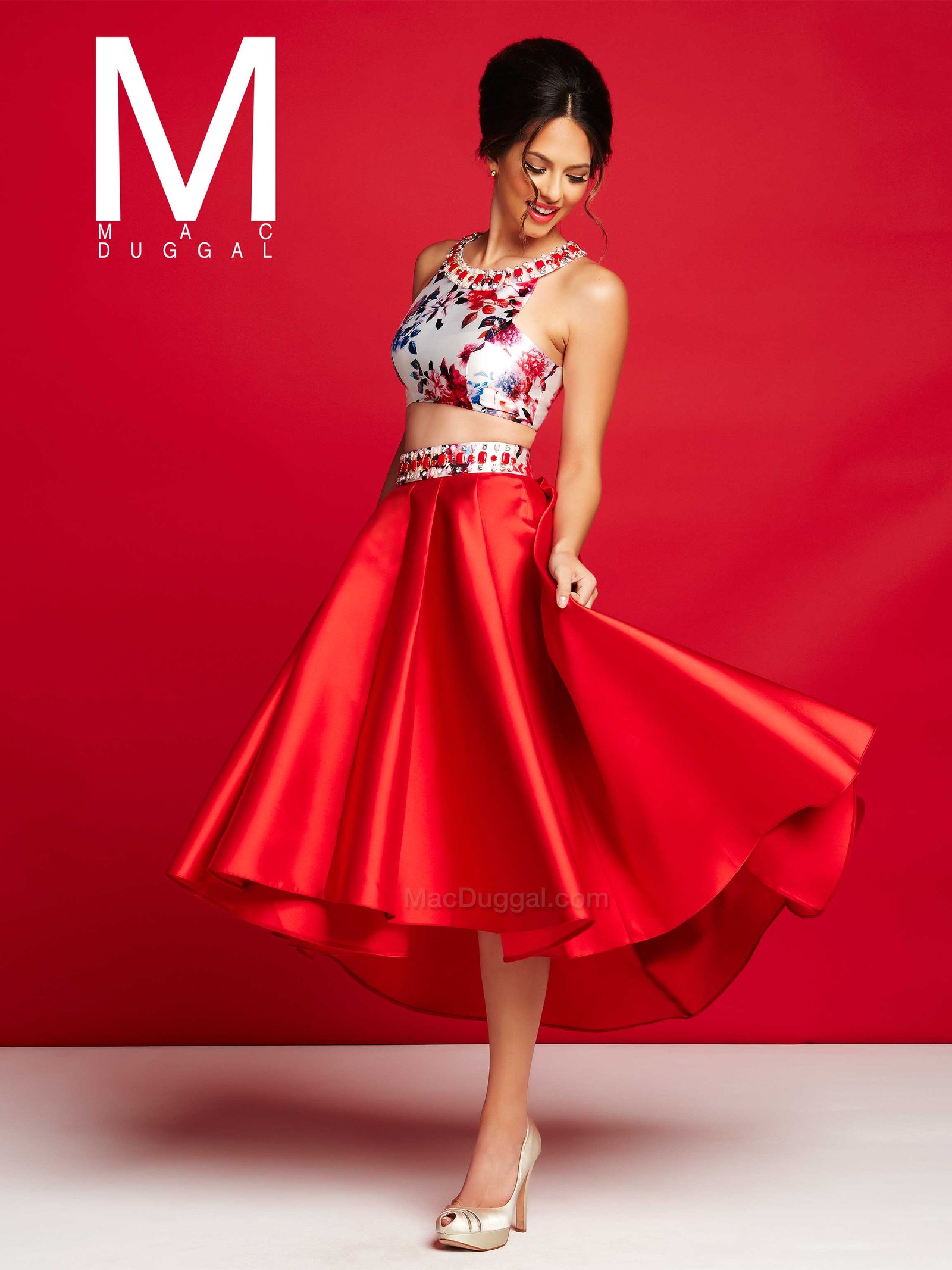 red floral crop top dress